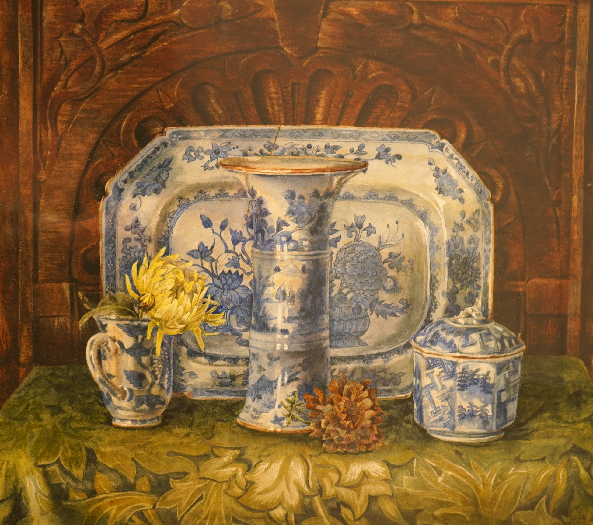 E S H monogrammist, Still life of flowers and blue and white porcelain, monogrammed and dated '80, 30 x 34cm, ornate gilt frame